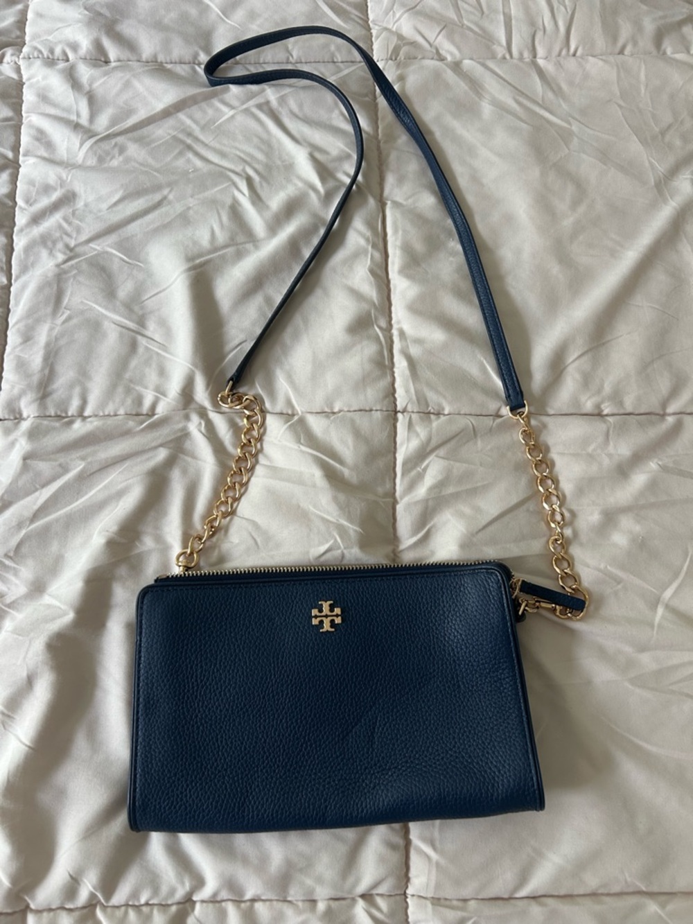 Tory Burch Navy Pebbled Leather Crossbody with Gold Chain